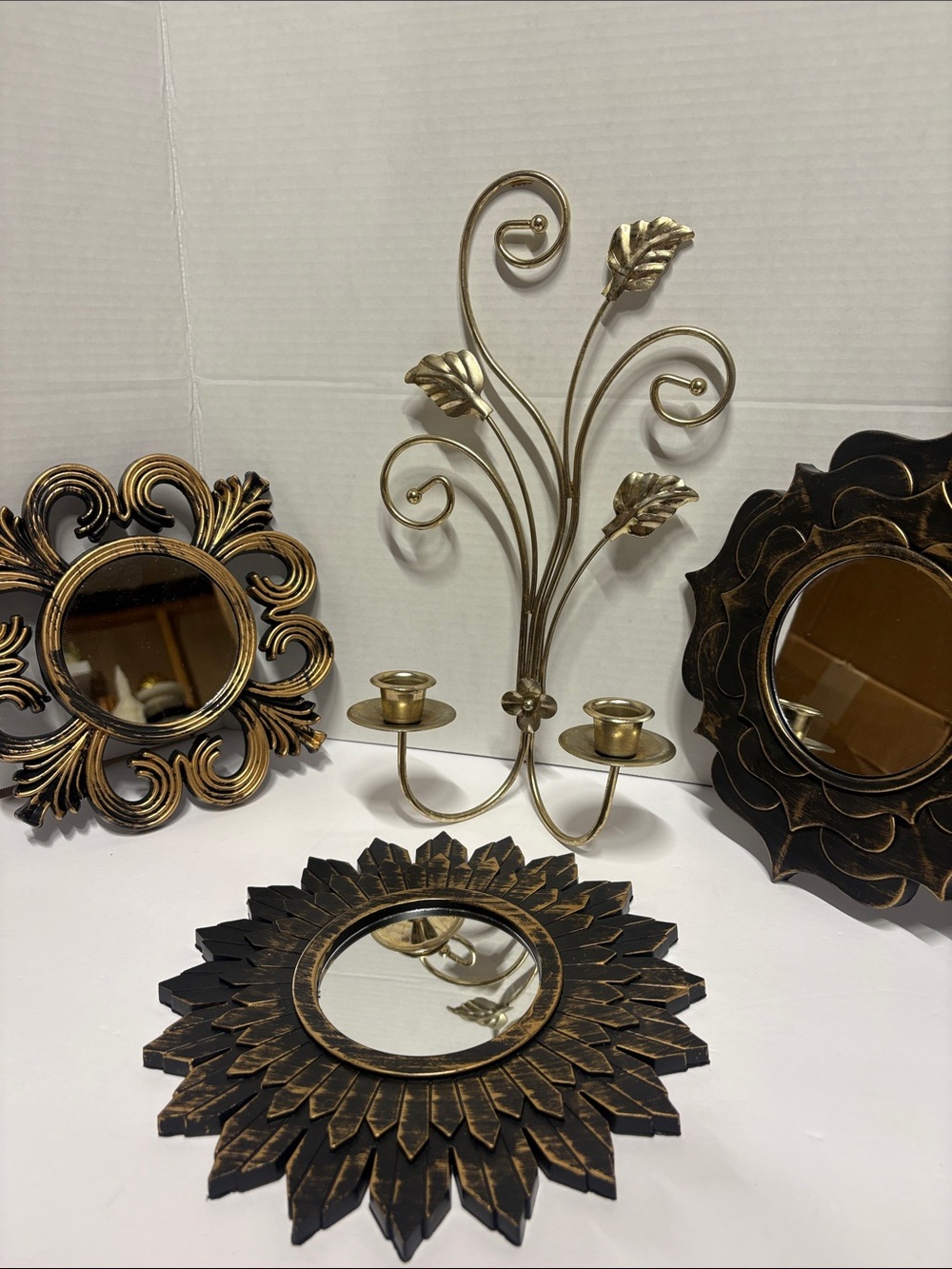 4pc Hollywood Regency Gold Gallery Wall Set - 3 Mirrors & Vintage Homco Sconce